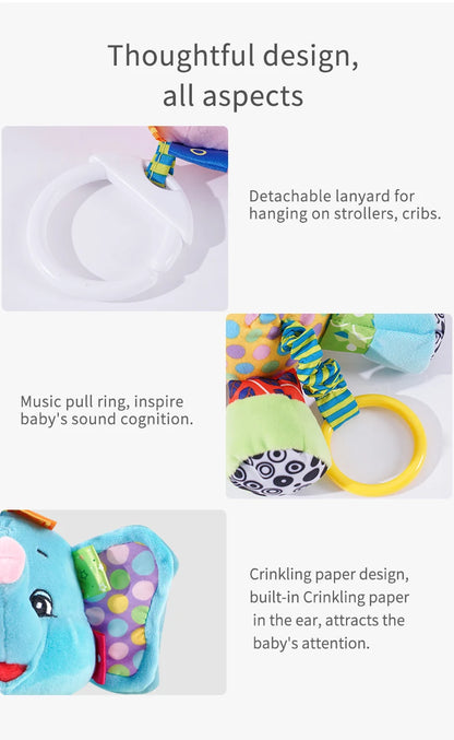 Sozzy Newborn Hanging Pulling Toy with Teether Soft Plush Baby Animal Musical Rattle for Car Seats and Strollers