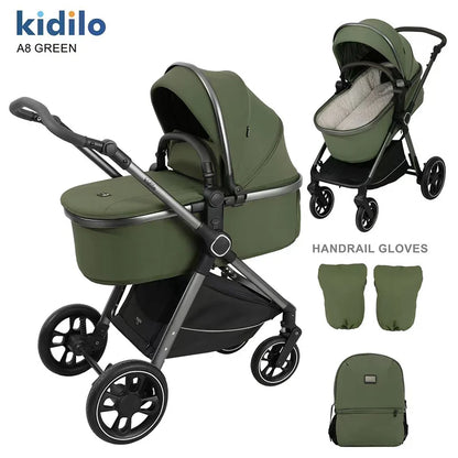 0-3 Years 3 in 1 Kidilo Baby Stroller with Car Seat, Non-Toxic Durable Foldable Travel Stroller for Toddlers Family Trips A8