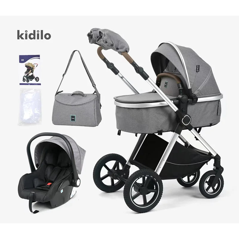 Kidilo 0-3 Years 3 in 1 Baby Stroller with Car Seat Non-Toxic Durable Foldable Travel Stroller for Toddlers Family Trips H2X+C
