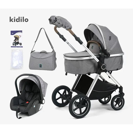 Kidilo 0-3 Years 3 in 1 Baby Stroller with Car Seat Non-Toxic Durable Foldable Travel Stroller for Toddlers Family Trips H2X+C