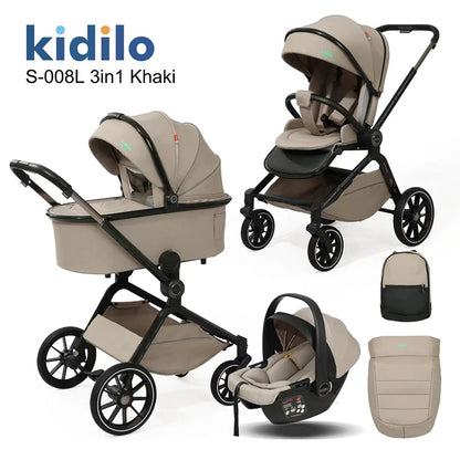 0-3 Years 3 in 1 Kidilo Baby Stroller with Car Seat, Non-Toxic Durable Foldable Travel Stroller for Toddlers Family Trips S-008L