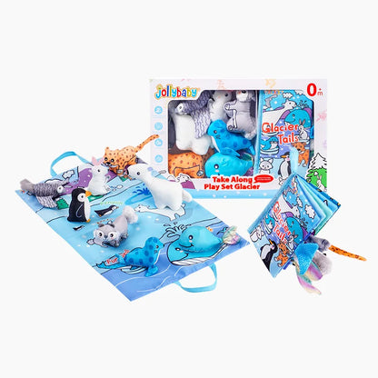 Jollybaby Soft Polyester Animal Dolls Play Mat Set Touch & Feel Soft Animal Tails Crinkling Squeaky Cloth Book for Kids
