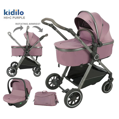 0-3 Years 3 in 1 Kidilo Baby Stroller with Car Seat, Non-Toxic Durable Foldable Travel Stroller for Toddlers Family Trips H5+C
