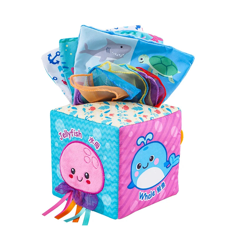Jollybaby Custom Animal Infant Soft Sensory Magic square Tissue Box Toy Plush Toy Tissue Box and Handkerchief