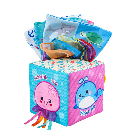 Jollybaby Custom Animal Infant Soft Sensory Magic square Tissue Box Toy Plush Toy Tissue Box and Handkerchief