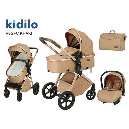 Kidilo Luxury 3 in 1 Kidilo Baby Stroller Foldable Pram with Car Seat & Folding Wagon for Travel for Babies V8G+C