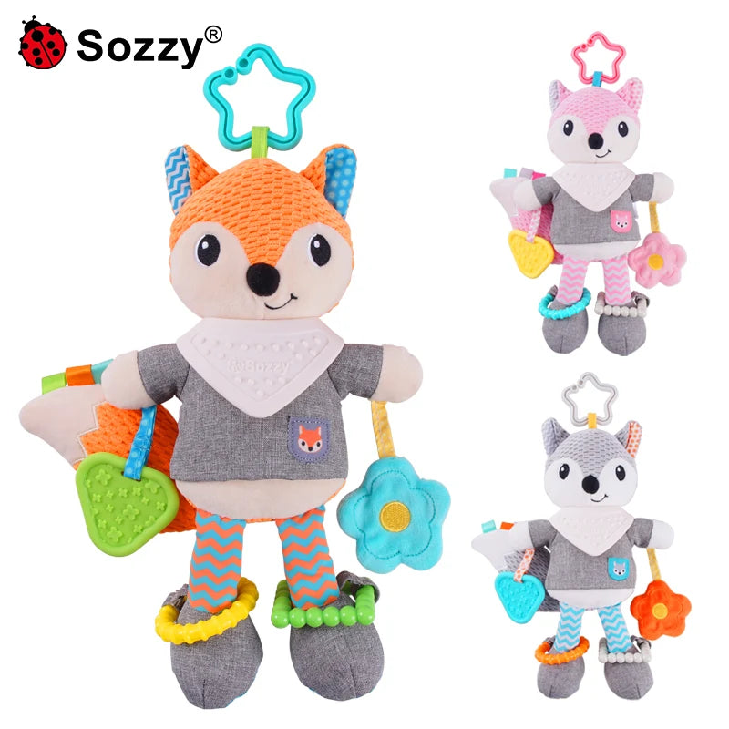 Jollybaby Wholesale Crochet Fox Animals Toy Car Seat Hanging Toys Baby Stroller Rattle with Teether PP Cotton Filling