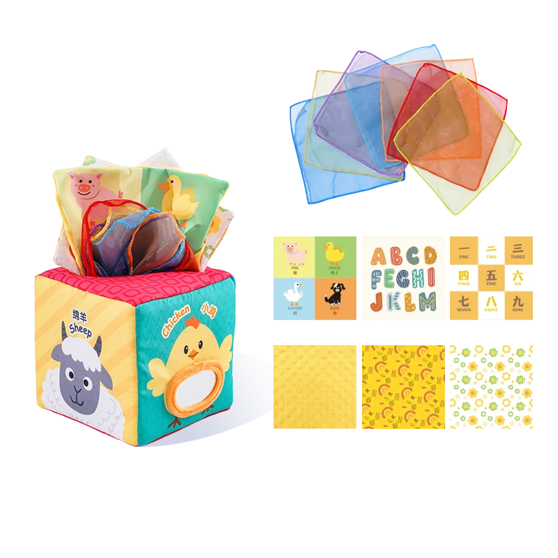 Jollybaby Custom Animal Infant Soft Sensory Magic square Tissue Box Toy Plush Toy Tissue Box and Handkerchief