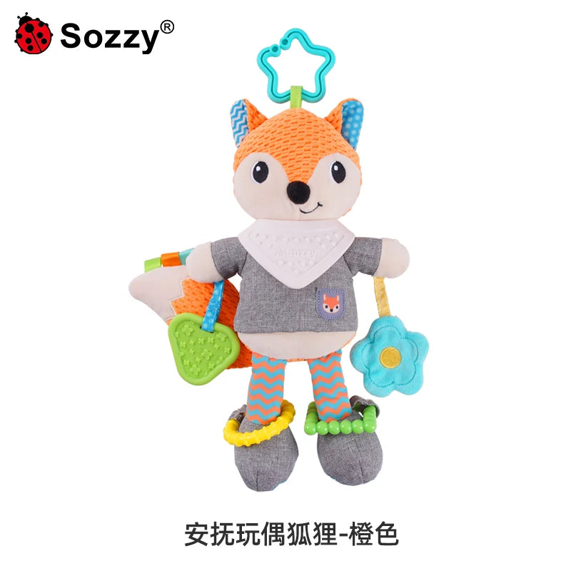 OEM Customizable Fox Baby Crib Plush Doll Soft Stuffed Animal Rattle with Teether Car Seat Stroller Hanging Toy