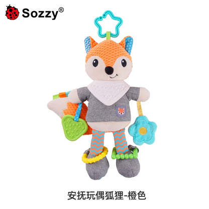 OEM Customizable Fox Baby Crib Plush Doll Soft Stuffed Animal Rattle with Teether Car Seat Stroller Hanging Toy
