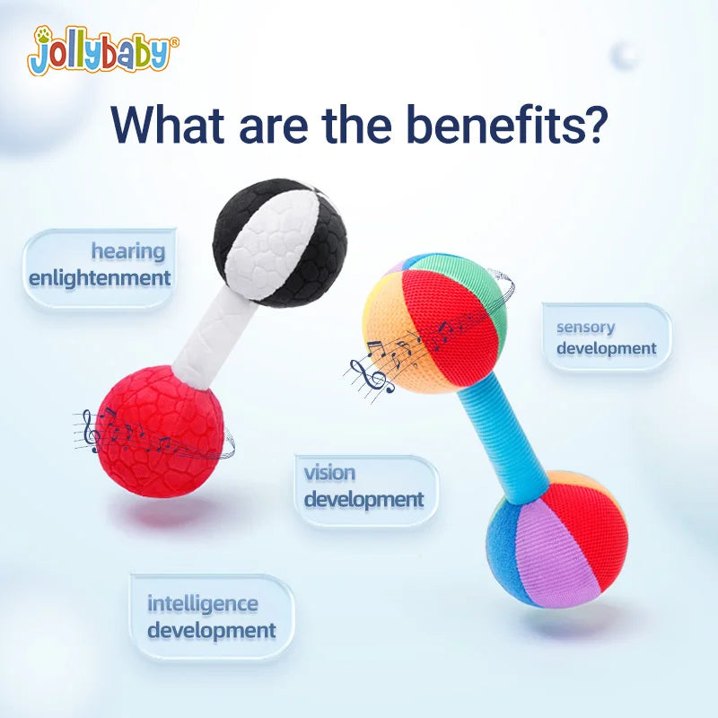 Jollybaby Custom Wholesale Soft Baby Hand Rattles Early Educational Dumbbell Hands Shake Ring Bell for 0-24 Months