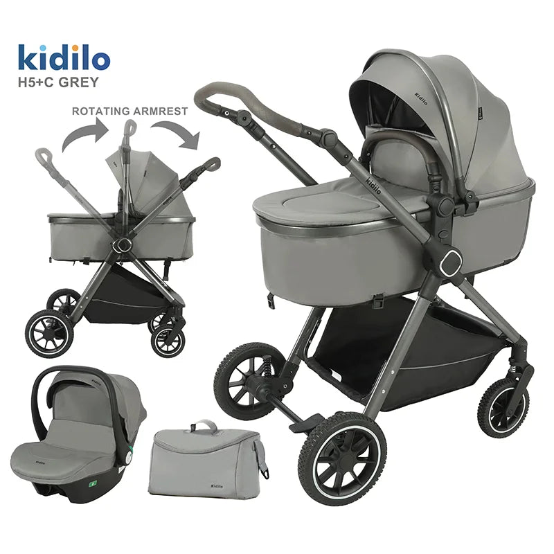 0-3 Years 3 in 1 Kidilo Baby Stroller with Car Seat, Non-Toxic Durable Foldable Travel Stroller for Toddlers Family Trips H5+C