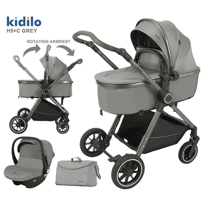 0-3 Years 3 in 1 Kidilo Baby Stroller with Car Seat, Non-Toxic Durable Foldable Travel Stroller for Toddlers Family Trips H5+C