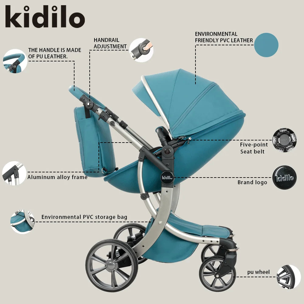 0-3 Years 3 in 1 Kidilo Baby Stroller with Car Seat, Non-Toxic Durable Foldable Travel Stroller for Toddlers Family Trips 609+C