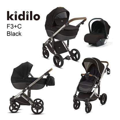 Kidilo 0-3 Years 3 in 1 Baby Stroller with Car Seat Non-Toxic Durable Foldable Travel Stroller for Toddlers Family Trips F3+C
