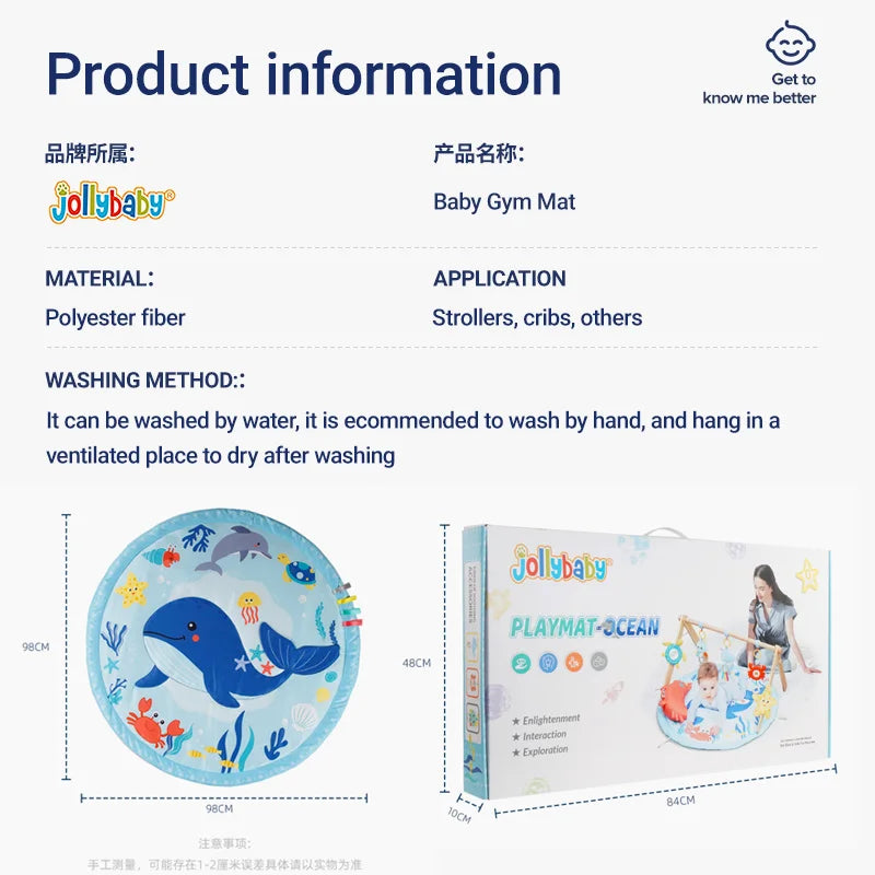 Jollybaby Cotton Activity Gym Play Mats with Wood Mounting Frame Sensory Awakening Baby Play Mat Perfect Gift for Newborn Baby