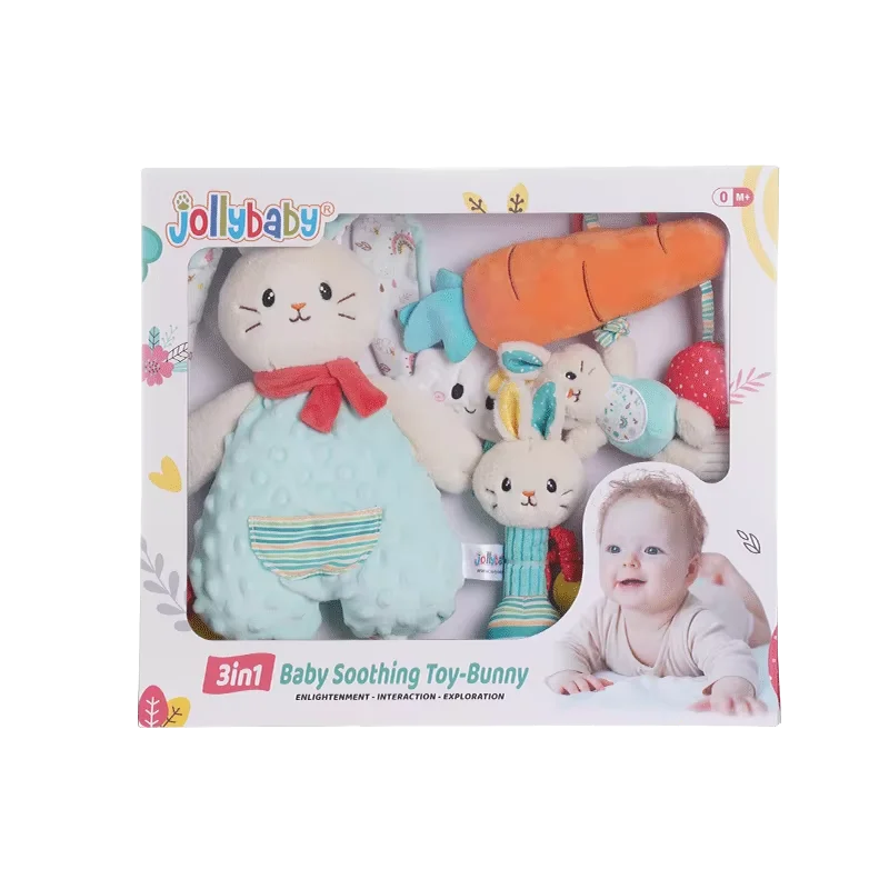 Jollybaby Custom Soft Plush Hand Rattle Baby Rattle Gift Set Newborn Hanging Toys Plastic Animal Toys Including a Stuffed Rabbit