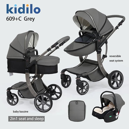 0-3 Years 3 in 1 Kidilo Baby Stroller with Car Seat, Non-Toxic Durable Foldable Travel Stroller for Toddlers Family Trips 609+C