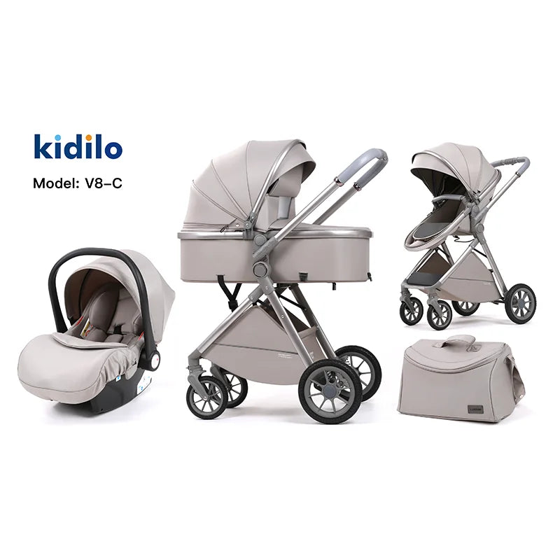 Kidilo Luxury 3 in 1 Kidilo Baby Stroller Foldable Pram with Car Seat & Folding Wagon for Travel for Babies V8G+C