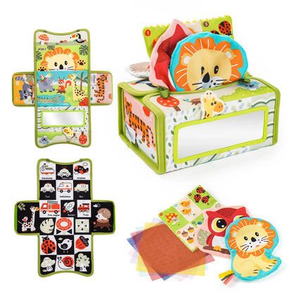 JOLLYBABY Baby Tissue Box Toys Montessori Toys for 6 Month Toys with Cloth Tissues Crinkle  Mirror Baby Gifts Christmas Stuffers