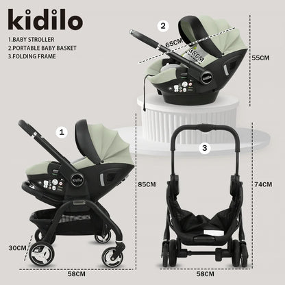0-3 Years 3 in 1 Kidilo Baby Stroller with Car Seat, Non-Toxic Durable Foldable Travel Stroller for Toddlers Family Trips S366