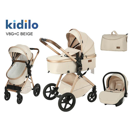 Kidilo Luxury 3 in 1 Kidilo Baby Stroller Foldable Pram with Car Seat & Folding Wagon for Travel for Babies V8G+C