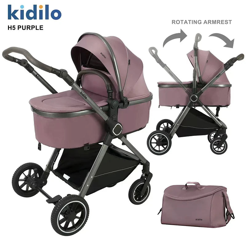 0-3 Years 3 in 1 Kidilo Baby Stroller with Car Seat, Non-Toxic Durable Foldable Travel Stroller for Toddlers Family Trips H5