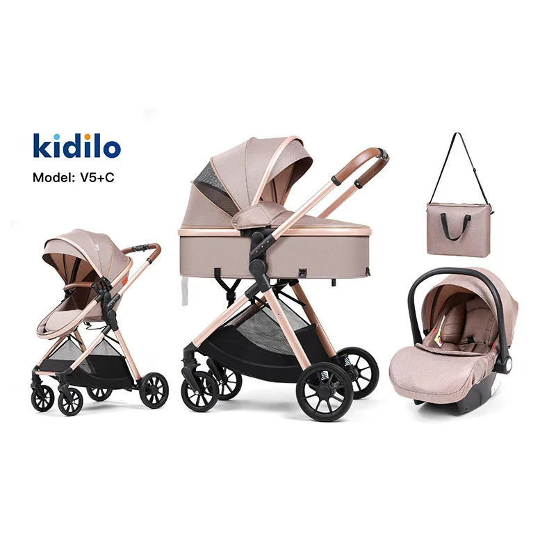 0-3 Years 3 in 1 Kidilo Baby Stroller with Car Seat, Non-Toxic Durable Foldable Travel Stroller for Toddlers Family Trips V5+C