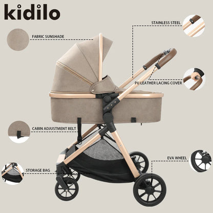 0-3 Years 3 in 1 Kidilo Baby Stroller with Car Seat, Non-Toxic Durable Foldable Travel Stroller for Toddlers Family Trips V5+C