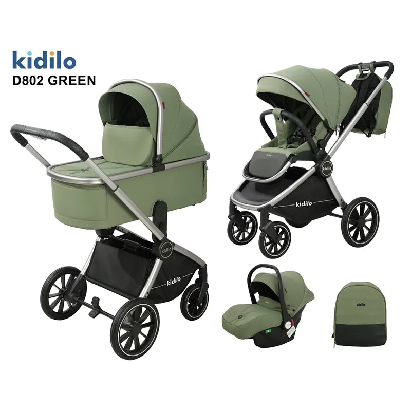 0-3 Years 3 in 1 Kidilo Baby Stroller with Car Seat, Non-Toxic Durable Foldable Travel Stroller for Toddlers Family Trips D802