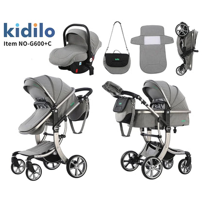 0-3 Years 3 in 1 Kidilo Baby Stroller with Car Seat, Non-Toxic Durable Foldable Travel Stroller for Toddlers Family Trips G600+C