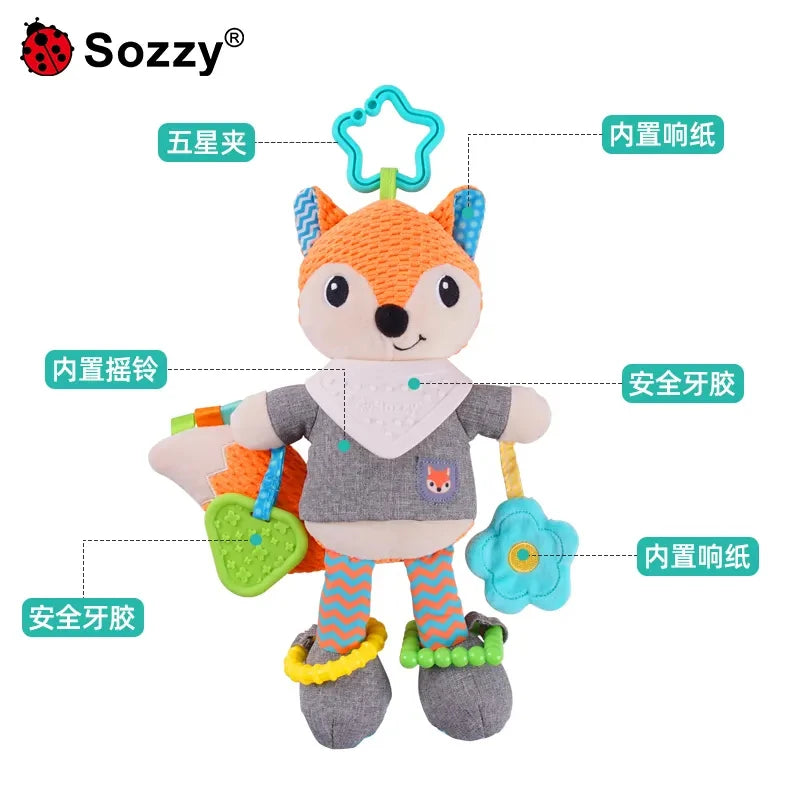 Customization OEM Fox Baby Crib Plush Doll Animal Rattle with Teether Car Seat Stroller Hanging Toy