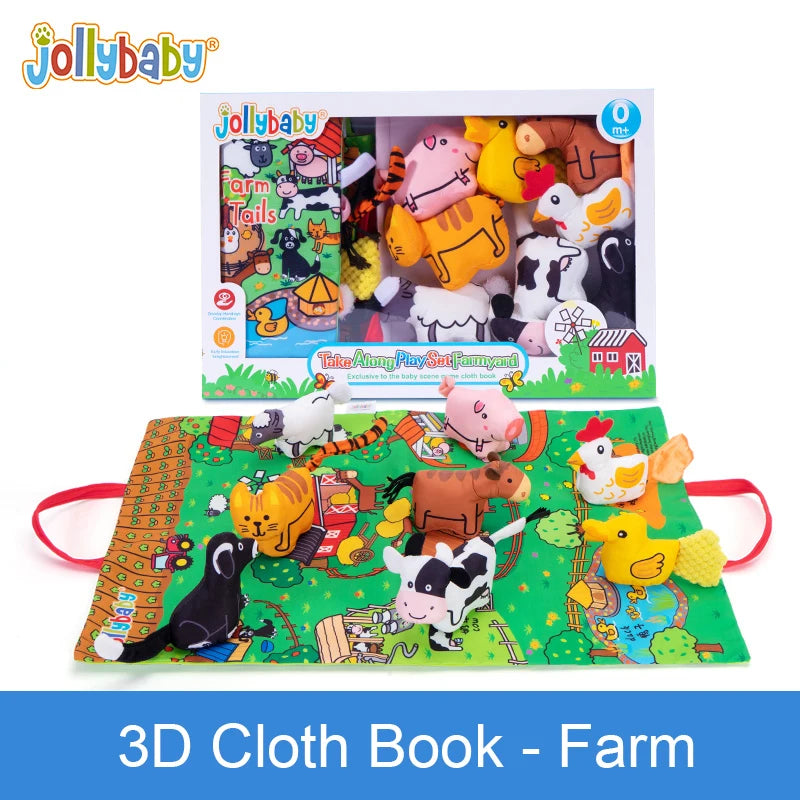 Jollybaby Soft Polyester Animal Dolls Play Mat Set Touch & Feel Soft Animal Tails Crinkling Squeaky Cloth Book for Kids