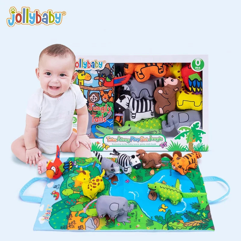 Jollybaby Soft Polyester Animal Dolls Play Mat Set Touch & Feel Soft Animal Tails Cloth Book with Crinkling & Squeaky Features