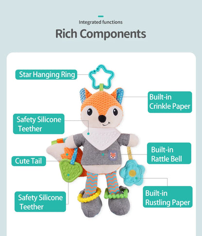 OEM Customizable Fox Baby Crib Plush Doll Soft Stuffed Animal Rattle with Teether Car Seat Stroller Hanging Toy