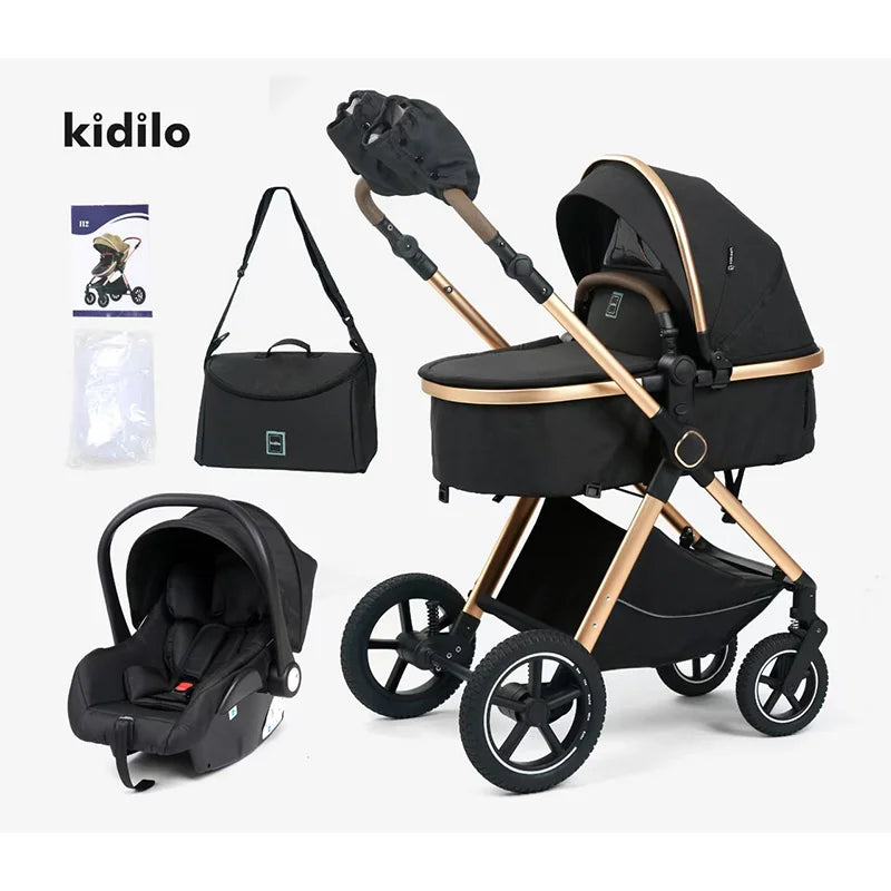 Kidilo 0-3 Years 3 in 1 Baby Stroller with Car Seat Non-Toxic Durable Foldable Travel Stroller for Toddlers Family Trips H2X+C
