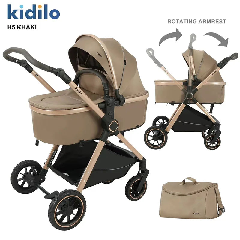 0-3 Years 3 in 1 Kidilo Baby Stroller with Car Seat, Non-Toxic Durable Foldable Travel Stroller for Toddlers Family Trips H5
