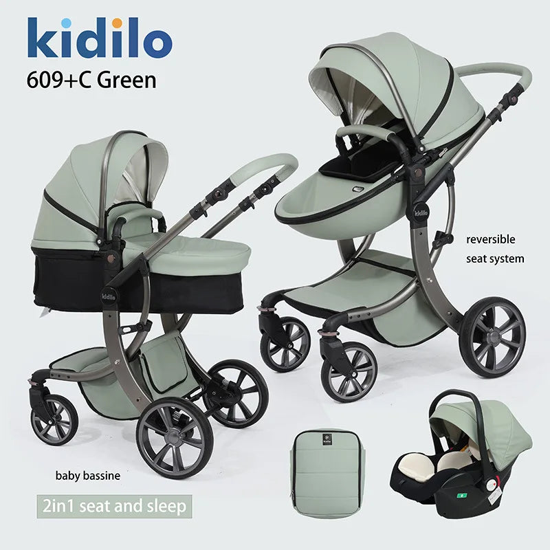 0-3 Years 3 in 1 Kidilo Baby Stroller with Car Seat, Non-Toxic Durable Foldable Travel Stroller for Toddlers Family Trips 609+C