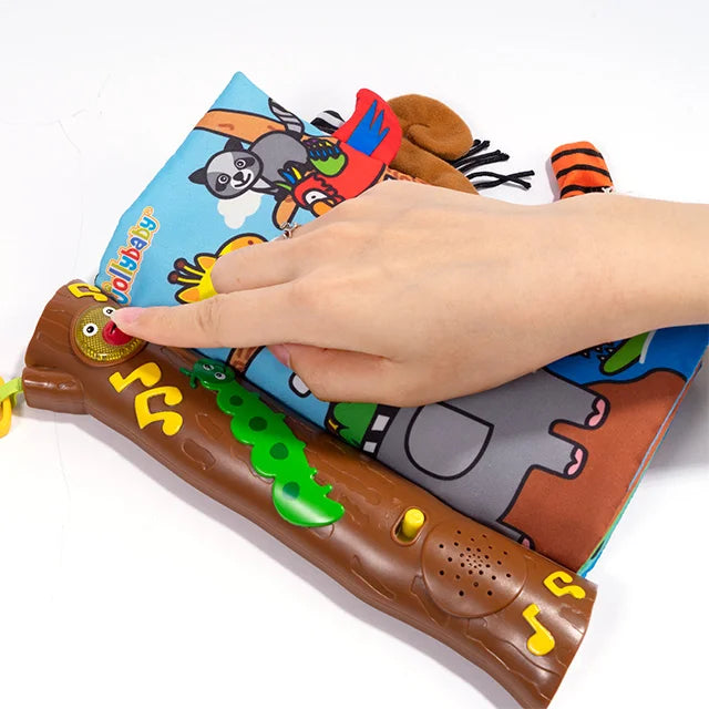 JOLLYBABY Tails English Learning Baby Educational Toys Baby Soft Cloth Book with Music Custom Logo Musical Book Farm Animal