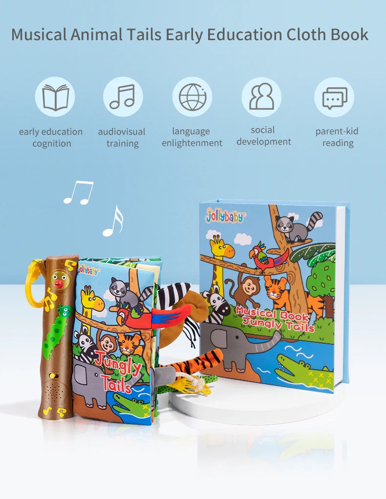 JOLLYBABY Tails English Learning Baby Educational Toys Baby Soft Cloth Book with Music Custom Logo Musical Book Farm Animal