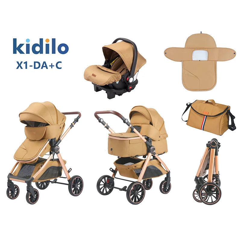 Kidilo 0-3 Years 3 in 1 Baby Stroller with Car Seat Non-Toxic Durable Foldable Travel Stroller for Toddlers Family Trips X1-DA+C
