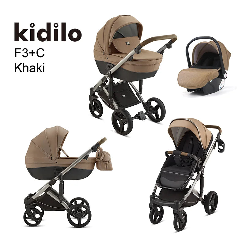 Kidilo 0-3 Years 3 in 1 Baby Stroller with Car Seat Non-Toxic Durable Foldable Travel Stroller for Toddlers Family Trips F3+C