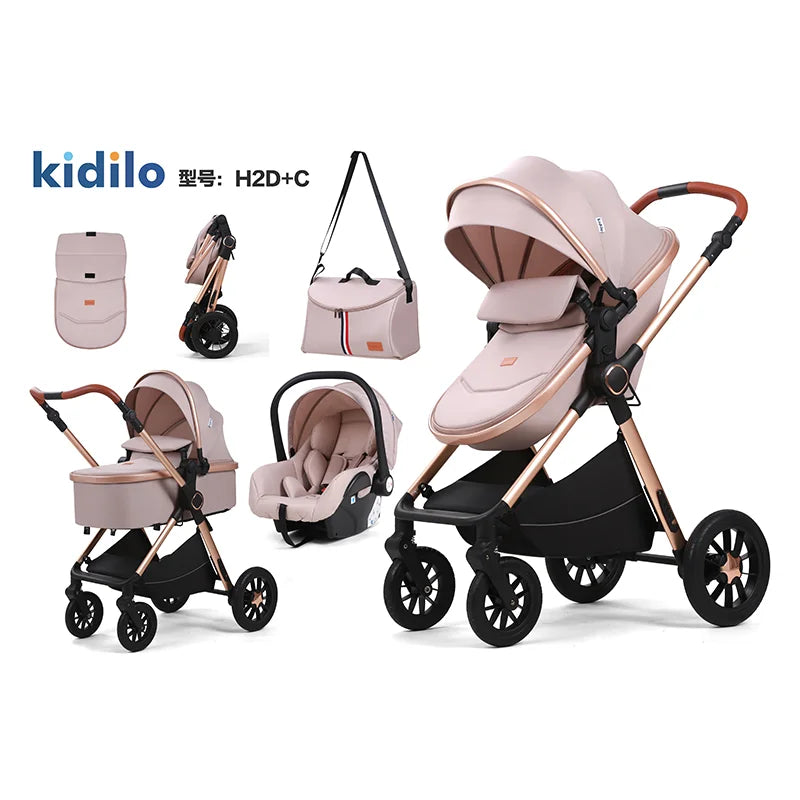 0-3 Years 3 in 1 Baby Stroller with Car Seat, Non-Toxic Durable Foldable Travel Stroller for Toddlers Family Trips H2D+C
