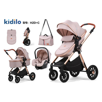 0-3 Years 3 in 1 Baby Stroller with Car Seat, Non-Toxic Durable Foldable Travel Stroller for Toddlers Family Trips H2D+C