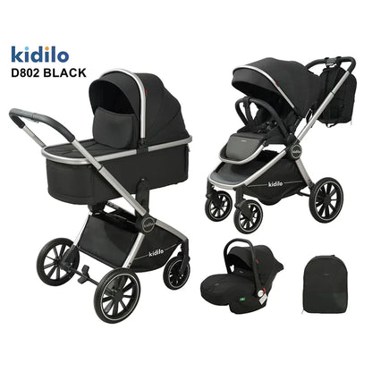 0-3 Years 3 in 1 Kidilo Baby Stroller with Car Seat, Non-Toxic Durable Foldable Travel Stroller for Toddlers Family Trips D802
