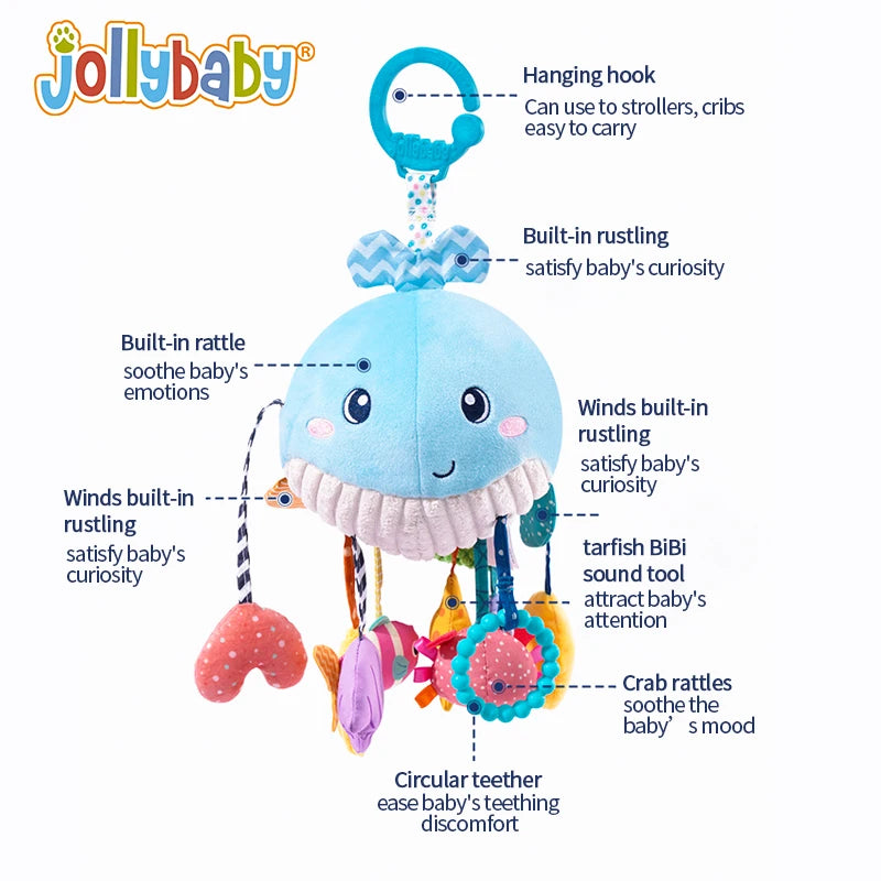 Jollybaby Custom Soft Activity Plush Toy Pull String Musical Sensory Hanging Toys for Toddlers Includes Teether Squeaker Set