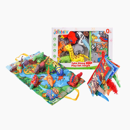 Jollybaby Soft Polyester Animal Dolls Play Mat Set Touch & Feel Soft Animal Tails Crinkling Squeaky Cloth Book for Kids