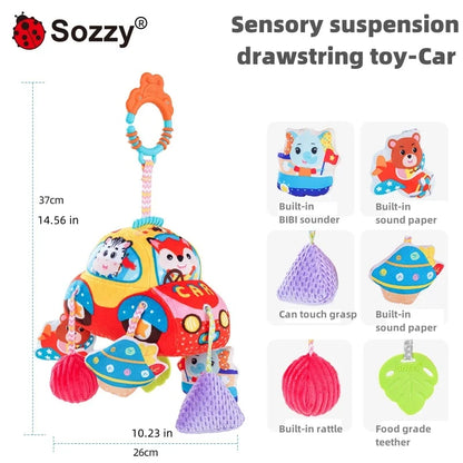 Custom Car Transportation Sensory Hanging Toys Soft Stuffed Activity Plush Toy for Stroller Crib Cot Musical Pull String Set for