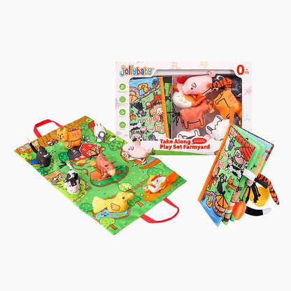 Jollybaby Soft Polyester Animal Dolls Play Mat Set Touch & Feel Soft Animal Tails Crinkling Squeaky Cloth Book for Kids