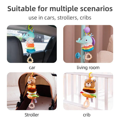 Custom Plush Animal Rattle Pull Musical Sensory Baby Hanging Musical Toy Play Jitter Toy with Music Box for Car Seat Stroller